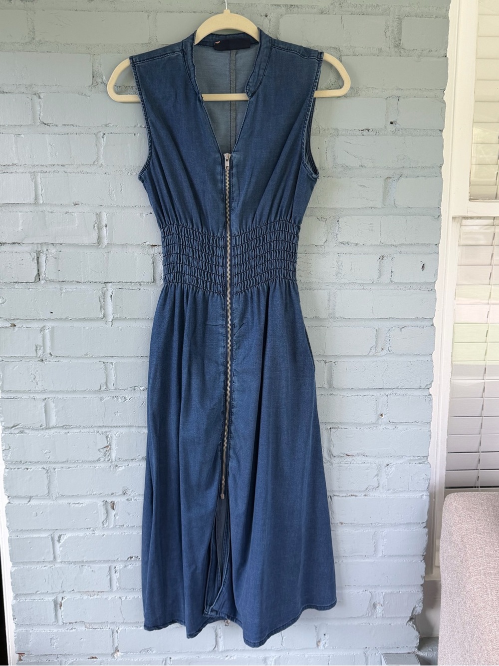 Sleeveless Denim-Blue Midi Dress with Smocked Waist